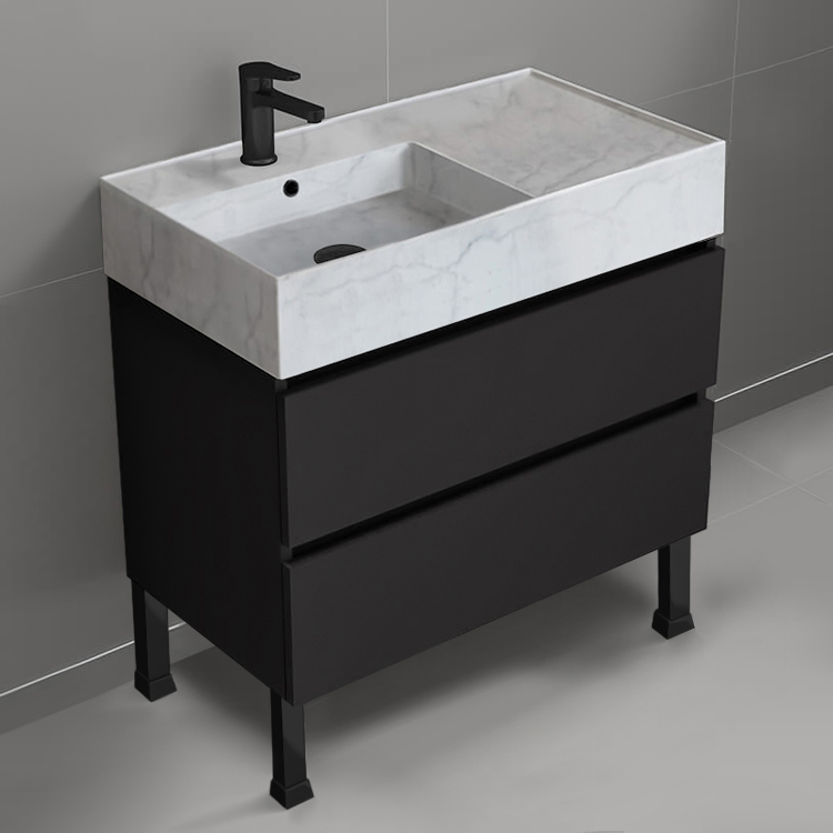 Nameeks BLOCK49 Black Bathroom Vanity With Marble Design Sink, Modern, Free Standing, 32 Inch